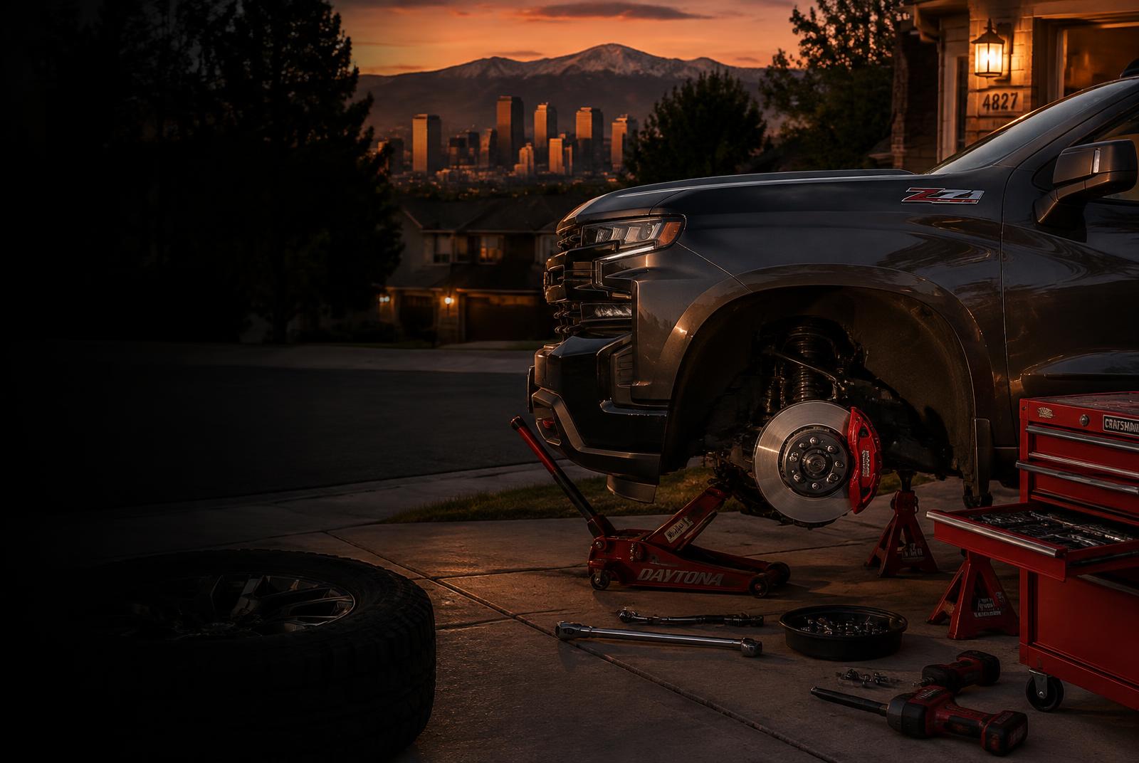 Truck on jack stands with brake parts and tools in a Denver driveway